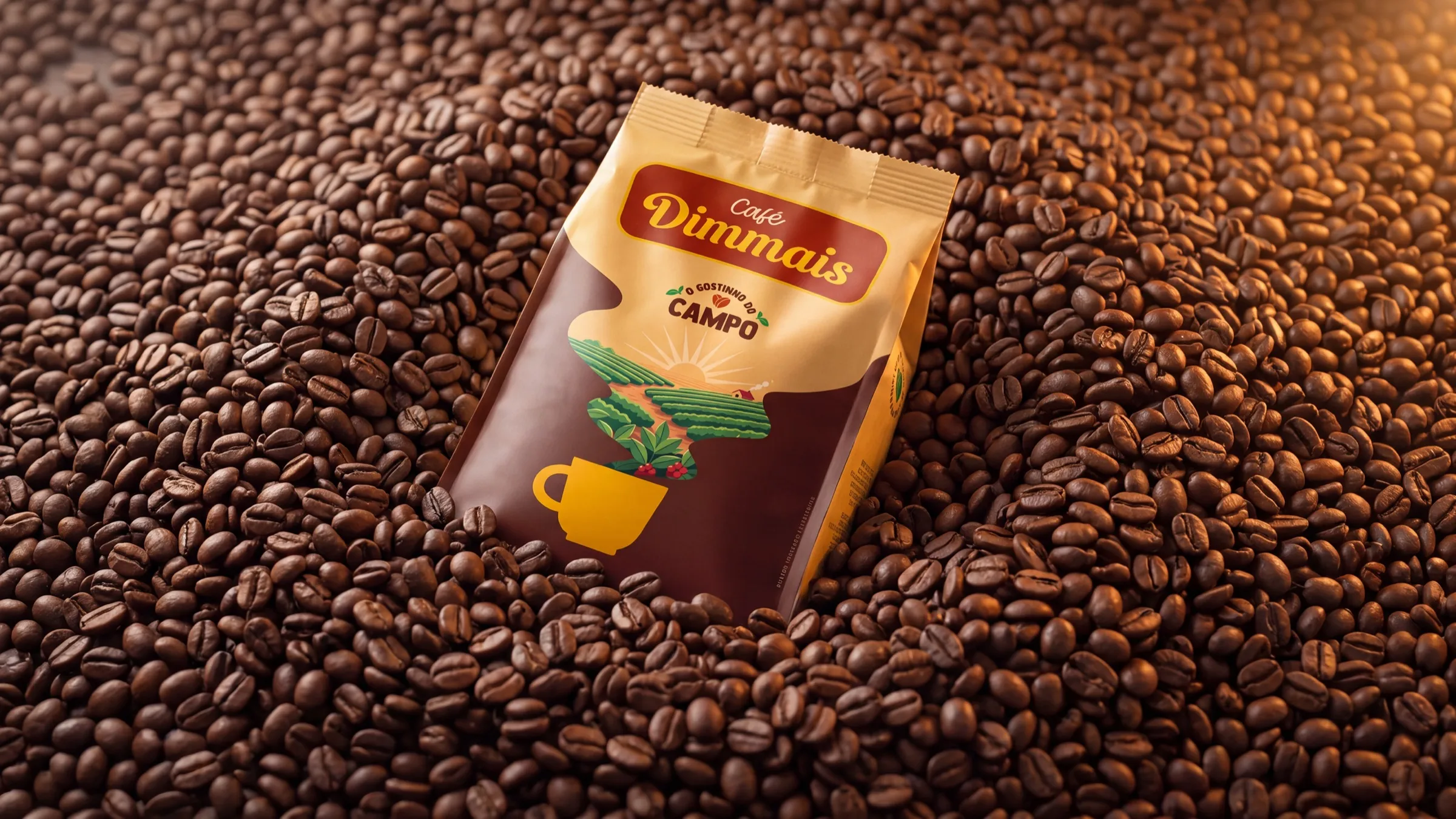 O pacote visto de cima, deitado sobre grãos de café